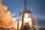 A dramatic shot of a SpaceX rocket launch against a colorful dusk sky, depicting power and technology.