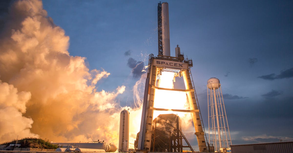 A dramatic shot of a SpaceX rocket launch against a colorful dusk sky, depicting power and technology.