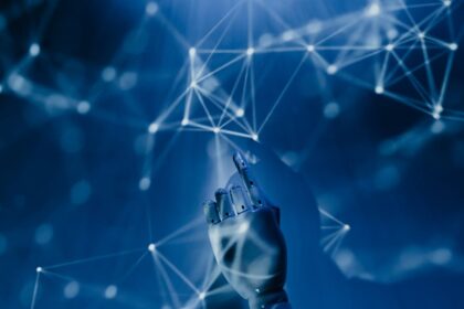 A robotic hand reaching into a digital network on a blue background, symbolizing AI technology.