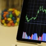 Tablet display of stock market data with smartphone and colorful candies on desk.