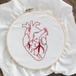 Close-up of embroidered anatomical heart on canvas, symbolizing creativity and craft.
