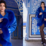 Nora Fatehi looks stunning in a bold blue fur coat