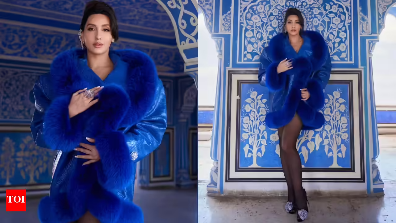 Nora Fatehi looks stunning in a bold blue fur coat