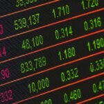 Close-up of a digital stock market data display showing colorful financial numbers and trends.