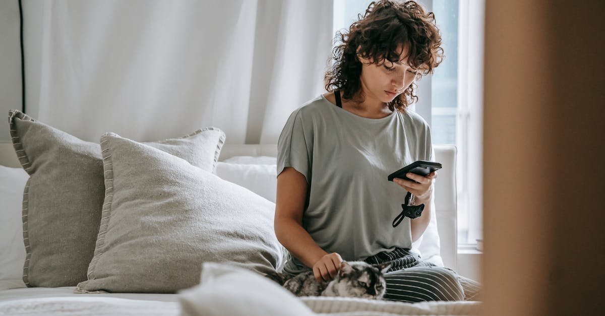 Concentrated young ethnic woman with curly hair in casual clothes messaging on mobile phone and stroking cat while relaxing on comfortable bed during weekend