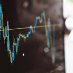 Detailed view of financial trading graphs on a monitor, illustrating stock market trends.