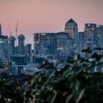 Breathtaking view of London's skyline at dusk with iconic skyscrapers and city lights twinkling.