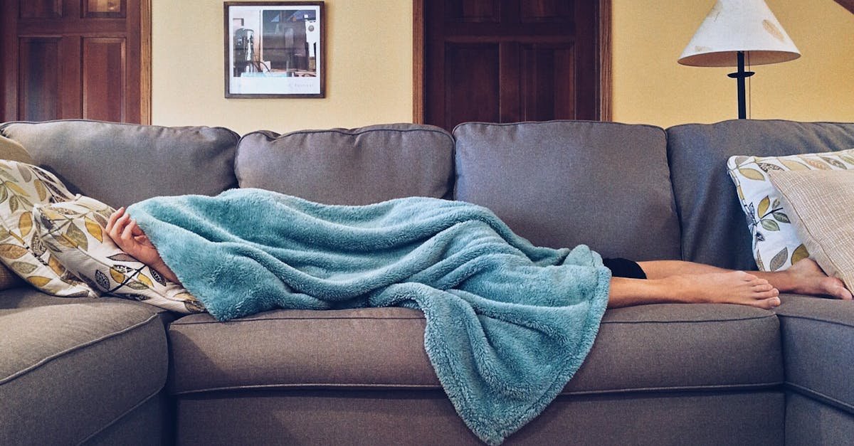 Person napping under a blue blanket on a comfortable couch in a modern living room setting.