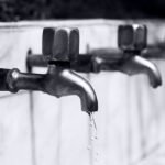 Black and white image of a row of faucets with water dripping, highlighting plumbing details.