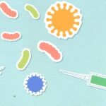 Illustration of viruses and syringe cutouts on blue background, symbolizing healthcare themes.