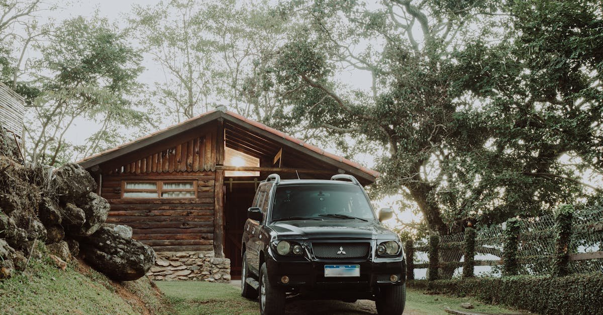 A black Mitsubishi SUV parked outside a wooden cabin surrounded by lush greenery.
